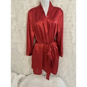 Morgan Taylor M Red Satin Short Kimono Robe Embroidered attached belt VALENTINES
